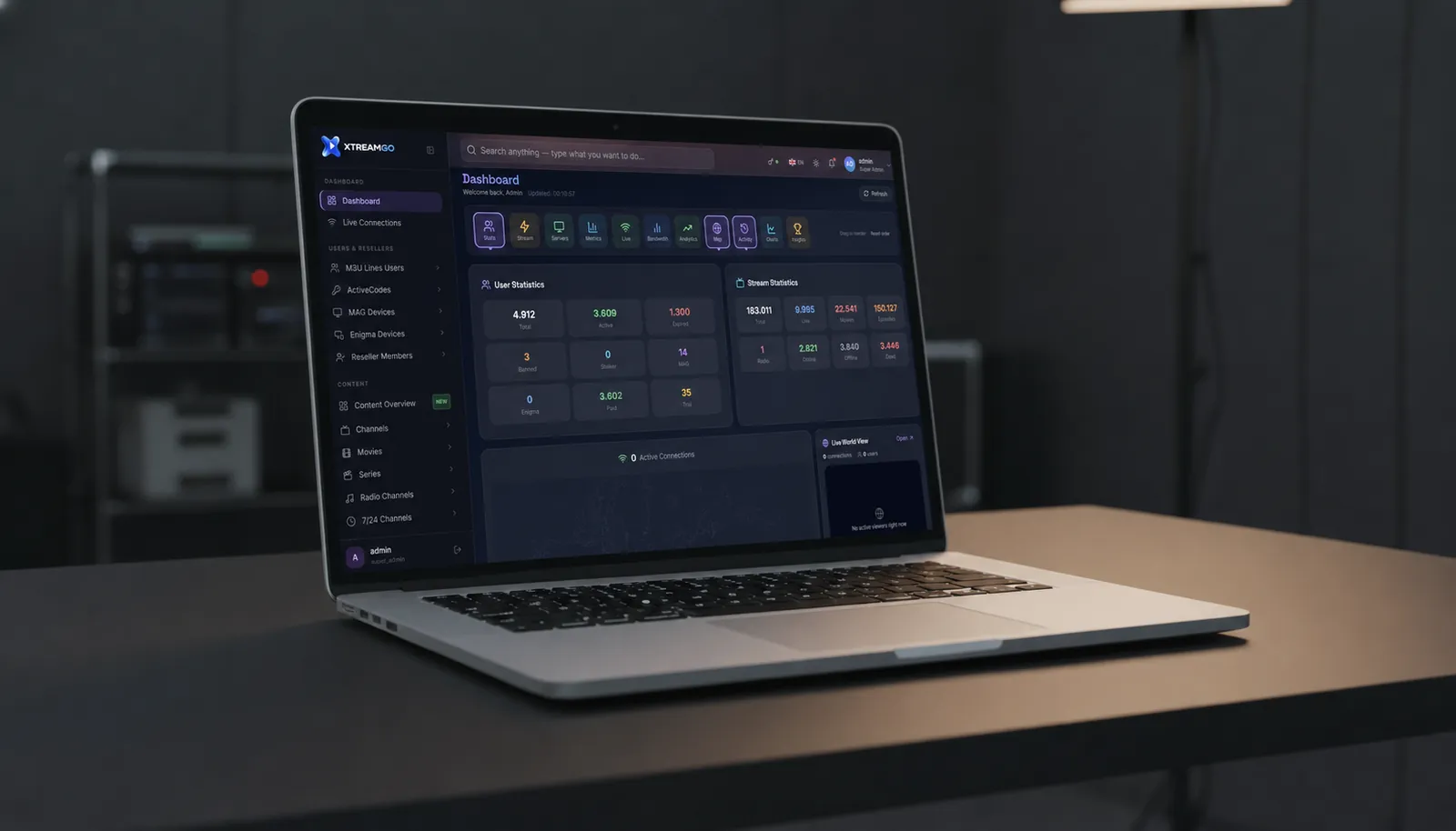 XtreamGo real-time analytics dashboard shown on a laptop